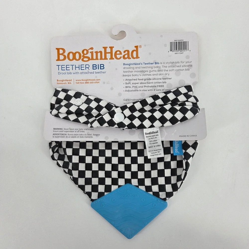 BooginHead Black White Checkered Teether Bib Drool Bib Attached Silicone Teether